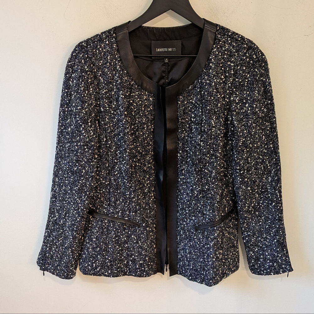 Lafayette 148 New York Full Zip Multi Textured Blazer Jacket Leather Trim 10